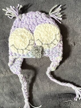 Kids Crochet Owl Earflap Hat - Lavender and Cream
